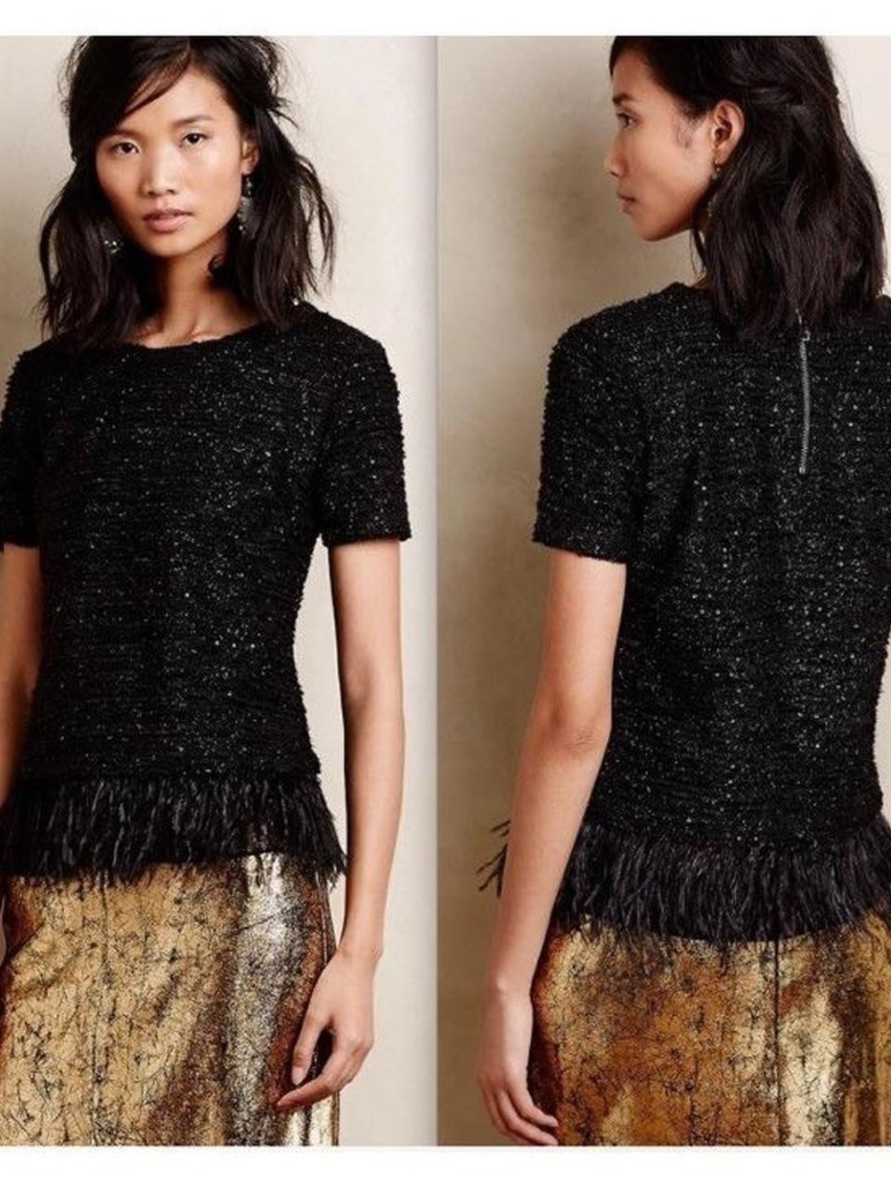 Anthropologie Deletta Black Short-Sleeve Feather-Hem Blouse